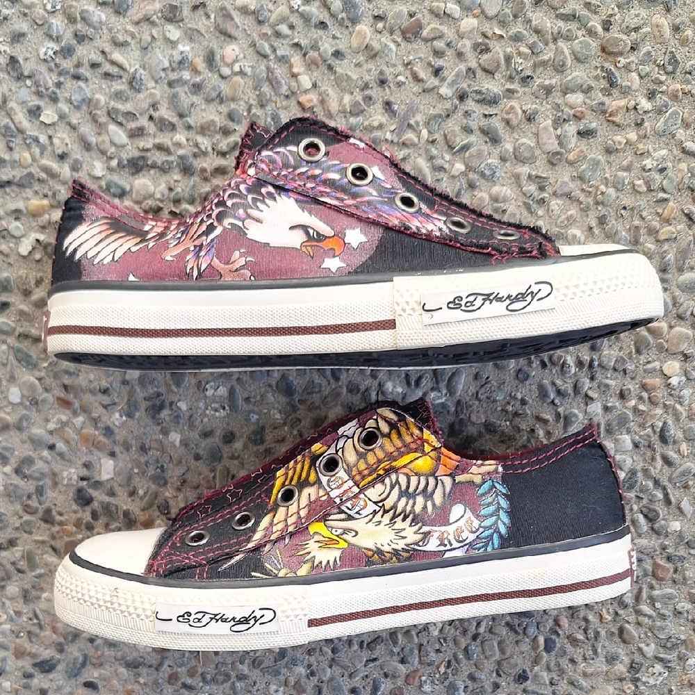 Ed Hardy Stars & Eagles Print Slip On Canvas Sneakers Y2k Vintage Youth Size 3